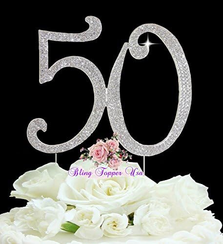 Number "50" Silver Bling Birthday Anniversary Cake Topper in Crystal Rhinestones Large Size