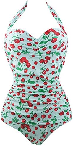 Cocoship 50s Retro Vintage Floral Print White Polka One Piece Swimwear Monokinis(FBA) BlueCherry(Fast Ship) XXL(US10-12)