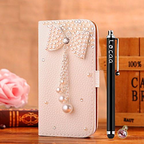 Locaa(TM) Nokia Lumia 630 3D Bling Cases Luxury Crystal Pearl Diamond Rhinestone Eyecatching Beautiful Leather Folio Support bumper Cover Card Holder Wallet Case - [General series] bowknot pendant1