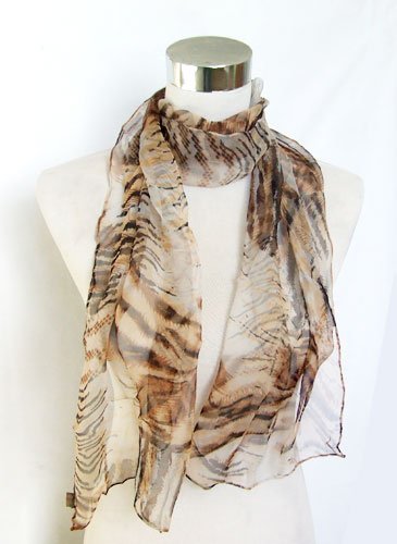 Chiffon Sheer Hand-Sewn Brown Animal Print - Silk Long Scarf 13 x 62