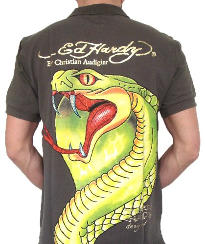 New Ed Hardy By Christian Audigier Rhinestone Cobra Skull Tattoo Polo Shirt in Green (Taupe) Color