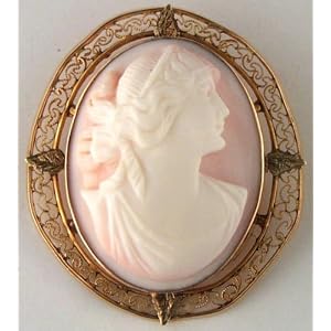 Antique Angel Skin Coral Cameo Gold Filigree and Brooch Pendant by