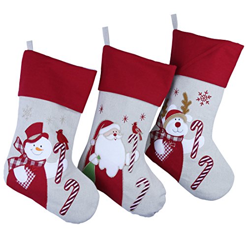 Wewill Brand Lovely Christmas Stockings Set of 3 Santa, Reindeer, Snowman Xmas Character 3D Plush Linen Hanging Tag Knit Border 17 Inch (3)