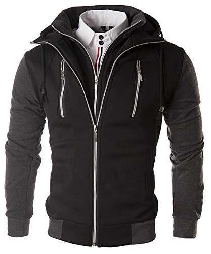 Cloudstyle Mens Multi-Zipper Fleece Hoody Hooded Zipper Men's Faux Twinset Hoodie