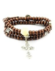 Jewelry: Christian Religious Inspirational Metal Cross Pendant Wood Bead Button Bracelet - Hen-night