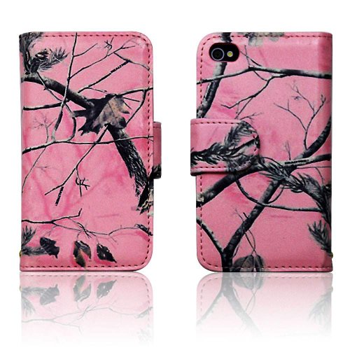 Apple iPhone 4 4s Pink Camo Mossy Tree Leather Wallet Purse Handbag Case Cover with Clear Slot for ID, Credit Card Slots and Hidden Slot for Cash