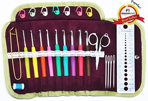 Crochet Hooks Soft Handle Kit in Gorgeous Plum Velveteen Lined Lace Accented Easy-Open Snap Tri-Fold Clutch - Crochet Set Complete with (Scissors, Stitch Markers, Gauge Measure, Yarn Needles, 4.5" Safety Pin, Row Counter) - Lifetime Replacement Guarantee