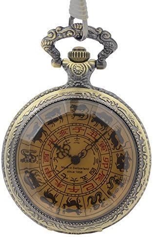 Bronze Tone See Though Case Pattern Hand Wind Skeleton Chinese Zodiac Mens Mechanical Pocket Watch
