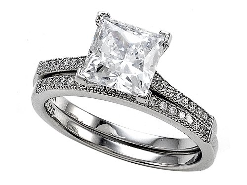 1.60 cttw Zoe R(tm) Platinum Plated Silver Micro Pave Hand Set Cubic Zirconia (CZ) Princess Cut Center Wedding Set Size 8