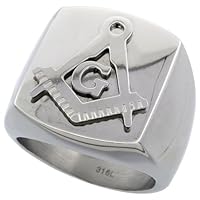 Stainless Steel 13/16 in. (21 mm) Masonic Signet Ring (Available in Sizes 8 to 14), size 9.5