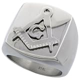 Stainless Steel Masonic Compass Signet Ring 13/16 in. (21mm) wide, sizes 8 to 14