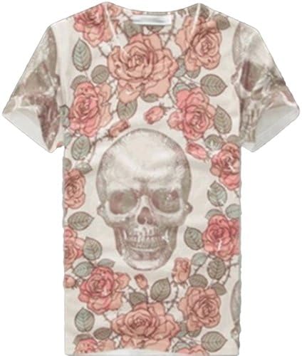 Skull Shirt Roses Horrific Short Sleeve Cotton Slim for Men (L)