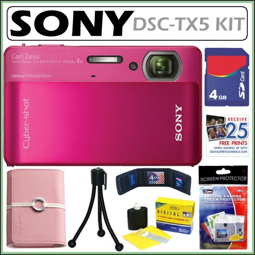 Sony Cyber-shot® DSC-TX5 10.2MP CMOS Digital Camera with 4x Zoom with Optical Steady Shot Image Stabilization and 3.5 inch Touch Screen LCD in Red + 4GB Accessory Kit