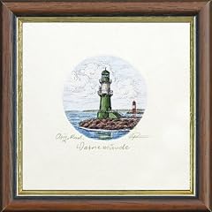 Leuchtturm Mohlenfeuer in Warnem�nde Gr�ner Leuchtturm Original Radierung von Kurt Ries gerahmt in Echtholzrahmen mit Goldkante 10x10cm aus der Serie Stadtmotive der Edition RIES