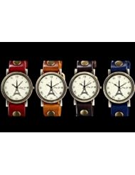 Youyoupifa Ladies Vintage Red Leather Strap Quartz Watch with Eiffel Tower Pattern