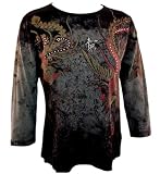 Katina Marie  Mona Lisa Casual Chinese Phoenix 3/4 Sleeve, Rhinestone Studded, Pre-Washed, Printed Scoop Neck Cotton Top - Black