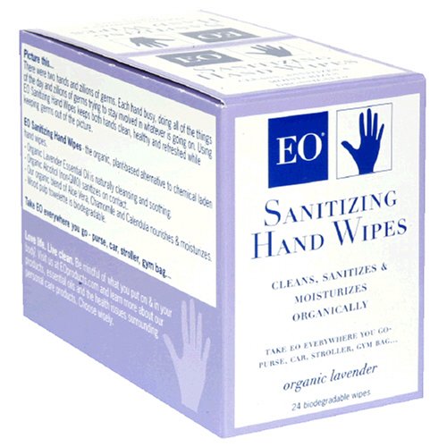 EO Sanitizing Hand Wipes, Organic Lavender, Biodegradable, 24-Count Boxes (Pack of 2)