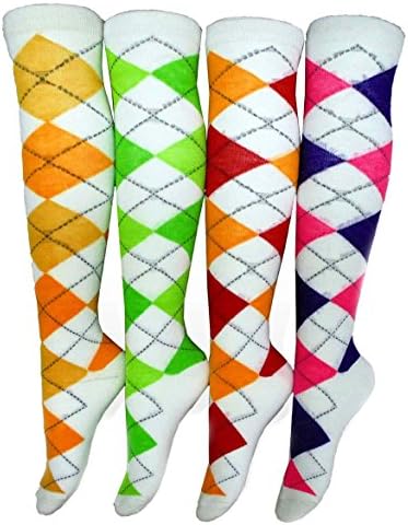 Ladies Cute Colorful Design Knee High Socks Assorted 4-Pack (09 - 11, Argyle)