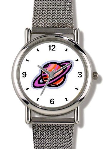 Saturn and its Rings - WATCHBUDDY® ELITE Chrome-Plated Metal Alloy Watch with Metal Mesh Strap-Size-Large ( Men's Size or Jumbo Women's Size )