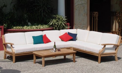 Grade-A Teak Wood Luxurious Sofa Set / Sectional Collection (SM): 5 Pc- 2 Love Seats Sofas (Left &amp; Rigth), 1 Lounge Armless Chair, 1 Corner Piece &amp; 1 Coffee Table