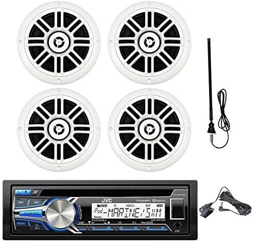 New JVC KD-R85MBS Marine Boat Motorcycle ATV CD In Dash Stereo Receiver AM/FM Stereo Player With 4 Millennia Marine Waterproof Audio Stereo Speakers and Marine Radio Antenna - Marine Audio Package