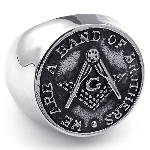 KONOV ジュエリー ファッション アクセサリー メンズ リング 指輪, フリーメーソン ロゴ, ステンレス, カラー:ブラック; シルバー(銀);[ギフトバッグを提供] - [17号]