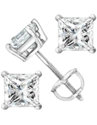 1/2 Carat Solitaire Diamond Stud Earrings Princess Cut 4 Prong Screw Back (J-K Color, I2 Clarity)