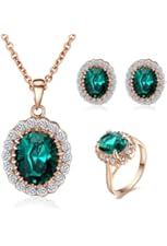 [Retro Series] Yoursfs 18k Rose Gold Plated Green Gemstone Emerald Earring and Ring and Necklace Set Valentine's Day Gift