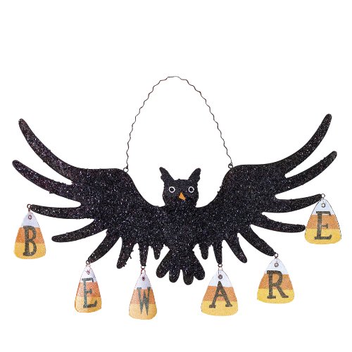 Grasslands Road Beware Owl Plaque, 19 by 10-1/4-Inch, Glittered Metal