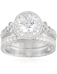 Sterling Silver Swarovski Zirconia Round Antique Wedding Ring Set
