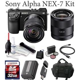 Sony Alpha NEX-7 NEX-7/B NEX-7K/B NEX7 NEX-7KB 24.3 MP Compact Interchangeable Lens Camera (Black) + Sony E-Mount SEL 1855 18-55mm f/3.5-5.6 Zoom Lens + Sony SEL24F18Z 24mm f/1.8 E-Mount Carl Zeiss Sonnar Lens + Deluxe Case + LexSpeed 32GB SDHC Class 10 Memory Card + Spare Battery + Cleaning Kit