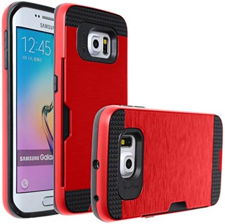 Case Art Plus [Full Degree Protection] Transparent Tempered Glass Screen Protector Film [Card Slot Bumper] Super Slim Fit Light Case for Galaxy S6 Edge (Red)