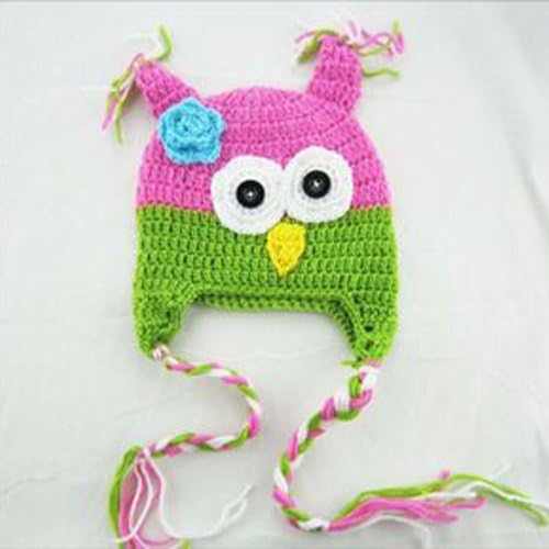 Toddler Baby Girls Boys Cute Owls Animal Crochet Knit Woolly Cap Ear Hat WHS374 (WHS374-J-5 rose+green)