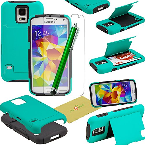 Fulland Hybrid Armor Silicone Card Holder Kickstand Case with Stylus Pen and Screen Protector for Samsung Galaxy S5 - Aqua Green