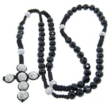 10mm Faceted Onyx Gemstone with 12mm White Czech Crystal Rosary Necklace