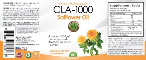 CLA-1000 Safflower Oil Extract Weight Loss Supplement For Men and Women - Easy to Swallow Softgel (1000mg) - Dietary Supplement to Aid in Burning Body Fat - 80% CLA (Conjugated Linoleic Acid) - Highest Quality Made in USA - 100% Satisfaction Guarantee