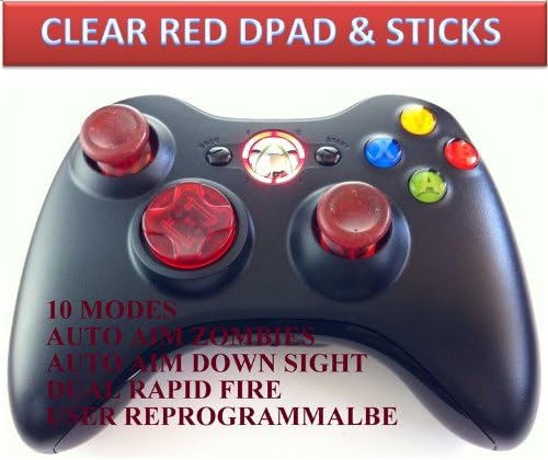 10 Modes! Clear Red D-pad, Thumb Sticks, Red Led! Black Xbox 360 Modded Rapid Fire Wireless Controller