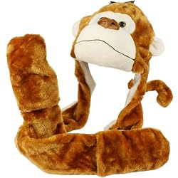 Winter Faux Fake Fuzzy Monkey Tail Animal Fur Scarf Trapper Hat with Pocket Gloves