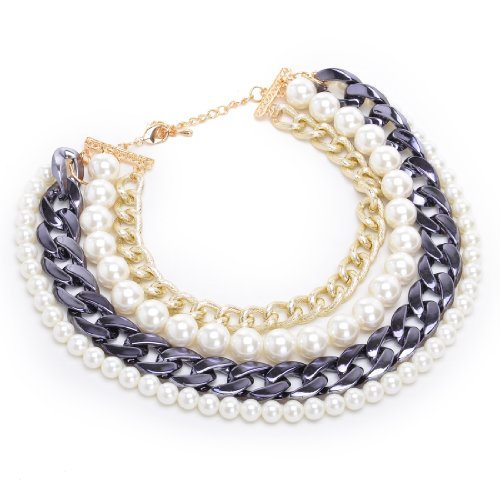 Fashion Gold Tone Gray White Simulated Pearl Bead Cluster Chain 4 Levels Choker Statement Necklace
