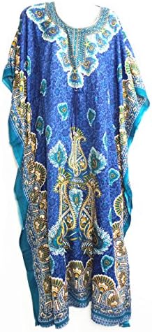 Annie's Fashion Women's Indian Peacock Feather Print Caftan Dress (Blue )