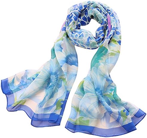 YLSH, Flower Brocade, Blue Elegant Luxury Fashion 100% Silk Scarf Classic Premium Vintage Shawl Wrap Art