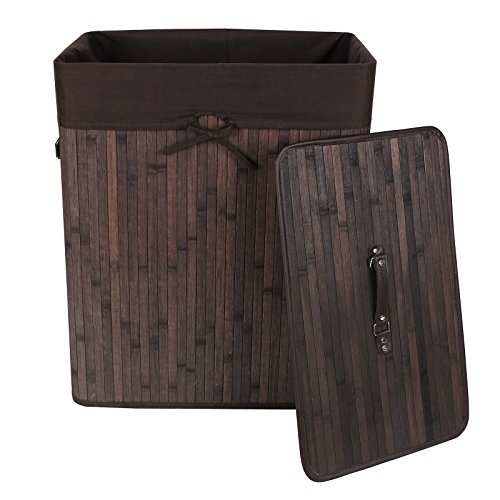Songmics Folding Laundry Basket With Lid Bamboo Hampers Dirty Clothes Storage Rectangular Dark Brown ULCB63K