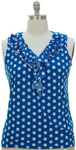 Plus Size Retro Mod Dots & Color Ruffle V Neck Polka Dot Top (1XL, Blue)