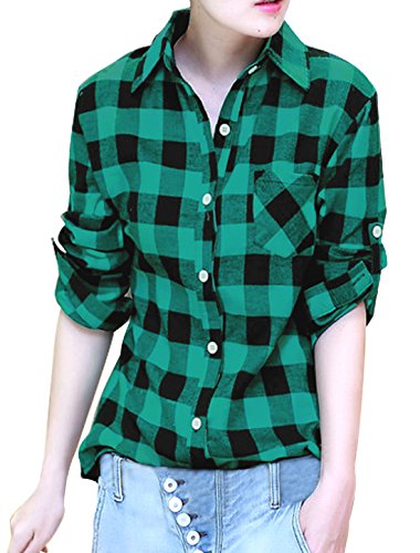 Allegra K Women Button Down Point Collar Plaid Pattern Shirts Green Black M