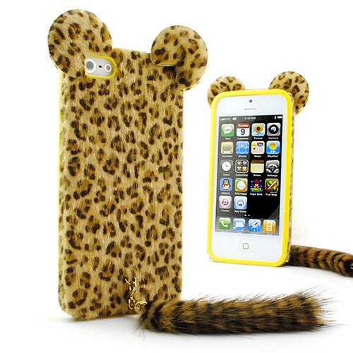 Cute 3D Plush Tail Leopard TPU Case Cover Skin for iPhone 5 Yellow