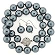 Luxurious Shell Pearl Majorca Necklace Black 14mm 18" Single Strand with Earrings By Bucasi