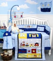 Railroad Train Baby Boy Crib Nursery Bedding Set 13 pcs included Diaper Bag with Changing Pad & Bottle Case