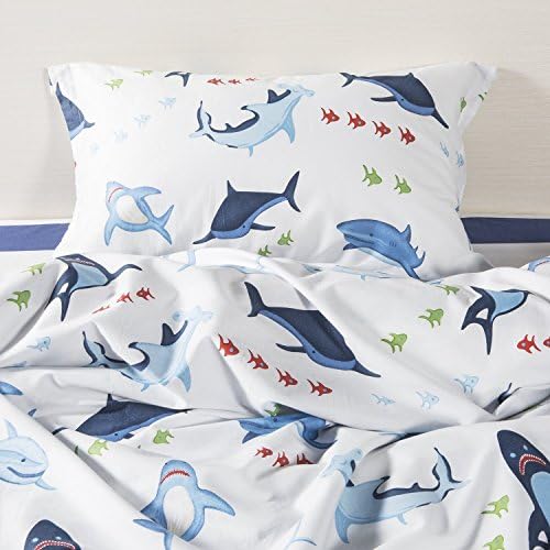 Zacard Cartoon Shark Bedding Set Children's Duvet Cover Set Navy Blue Bedding Kids Bedding Full Size 4 Piece (White, Full)