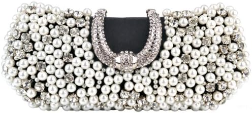 MG Collection Black Pearl Beads Rhinestone Encrusted Clutch Evening Purse
