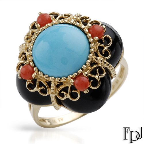 FPJ 14K Yellow Gold Onyx and Turquoise Ladies Ring. Ring Size 5. Total Item weight 6.1 g.